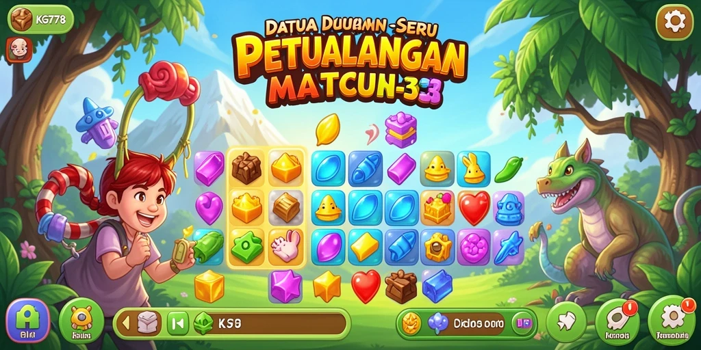 Gambar gameplay seru KG778 dengan item match-3 berwarna-warni.