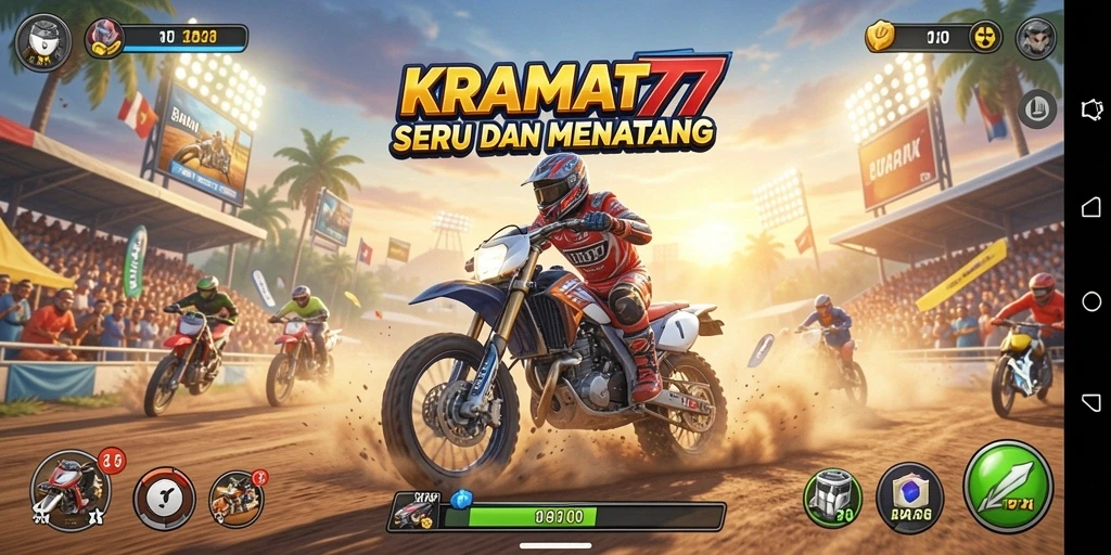 Screenshot gameplay KRAMAT77 menampilkan balapan yang intens dengan mobil cepat.